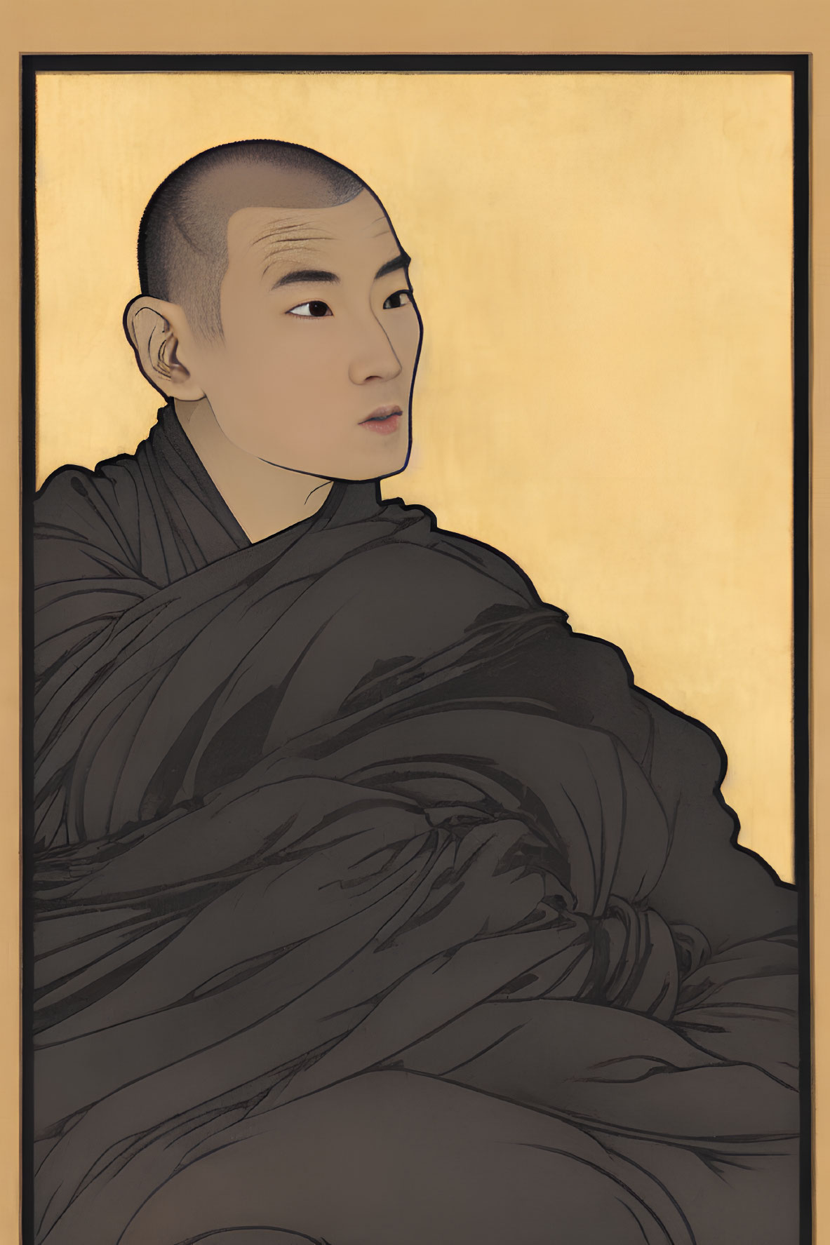 Contemplative figure in dark robes on golden background