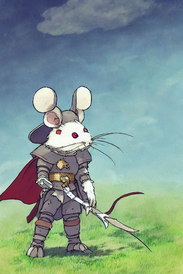 Anthropomorphic mouse in medieval knight armor on grassy field