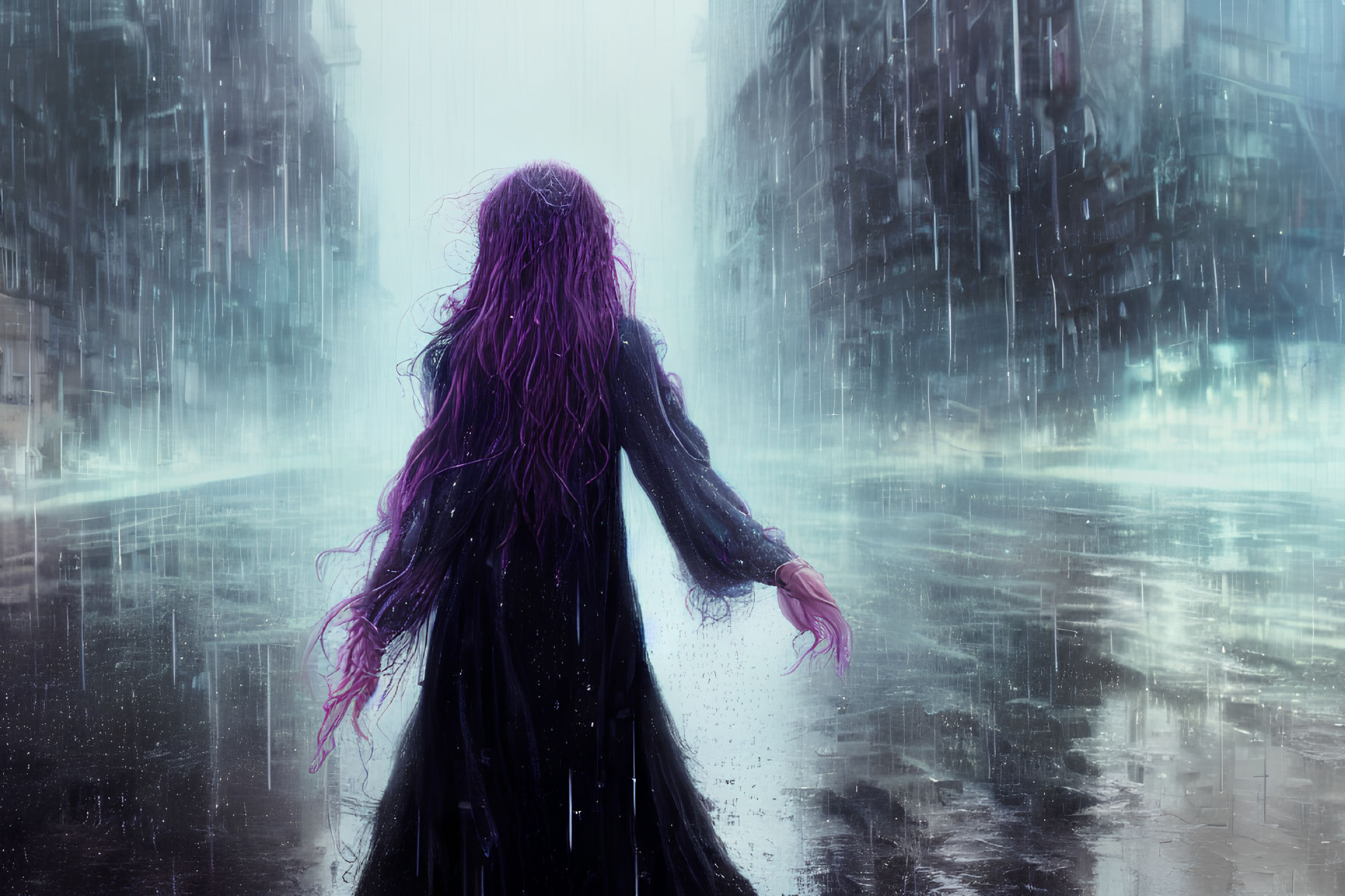 Person with Long Purple Hair Standing in Rain on City Street