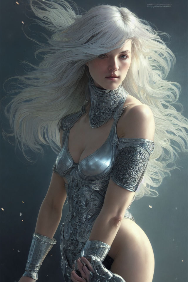 White-Haired Woman in Silver Armor with Intense Gaze