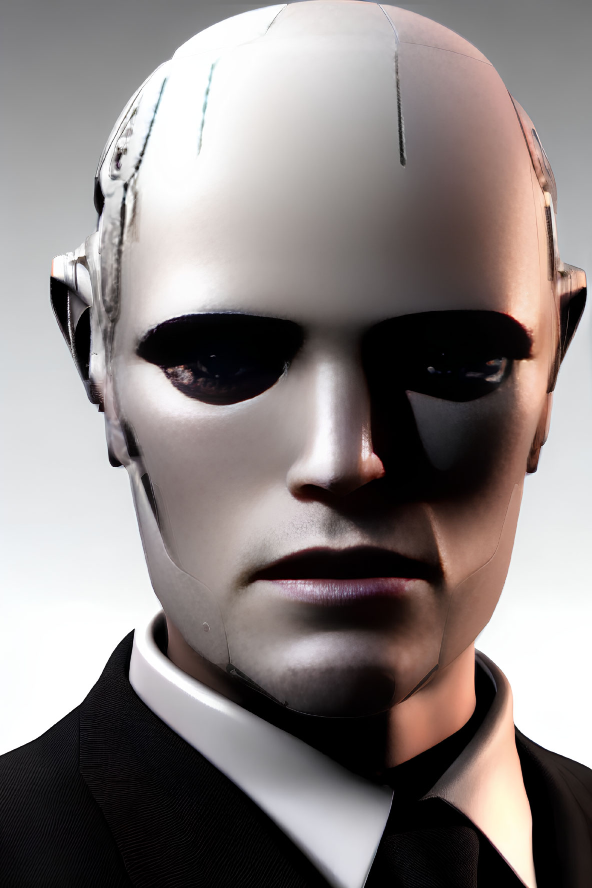 Male humanoid robot headshot with dark eye sockets and metallic face in suit