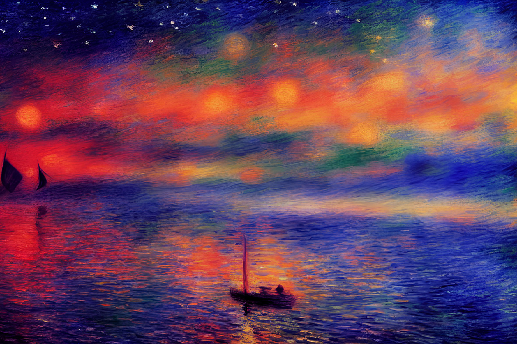 Impressionist-style sunset painting with boats on tranquil water