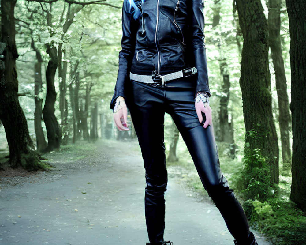 Person with Bright Blue Hair in Black Leather Clothing on Forest Path