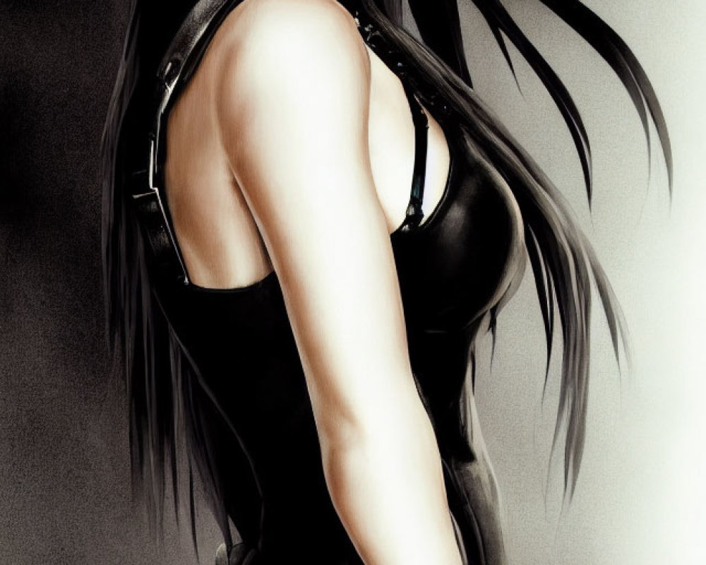 Digital Artwork: Woman with Long Black Hair and Black Outfit