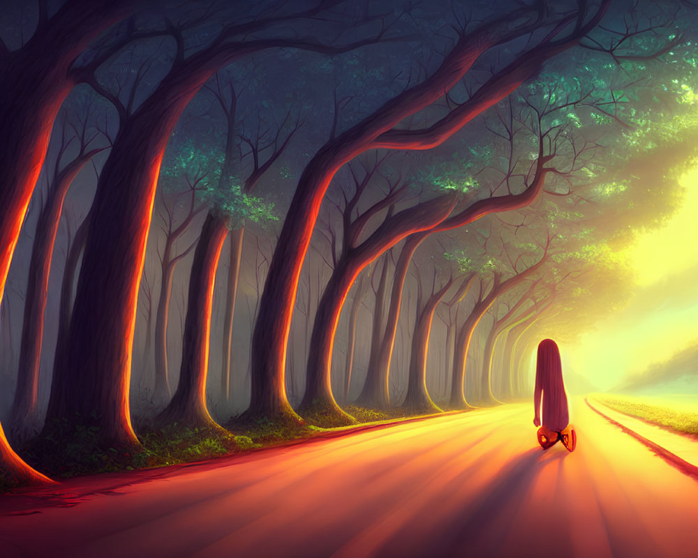 Skateboarder on sunlit path surrounded by majestic trees