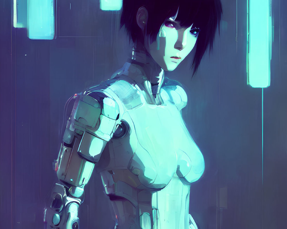 Futuristic female android with black hair and mechanical limbs against glowing blue lights