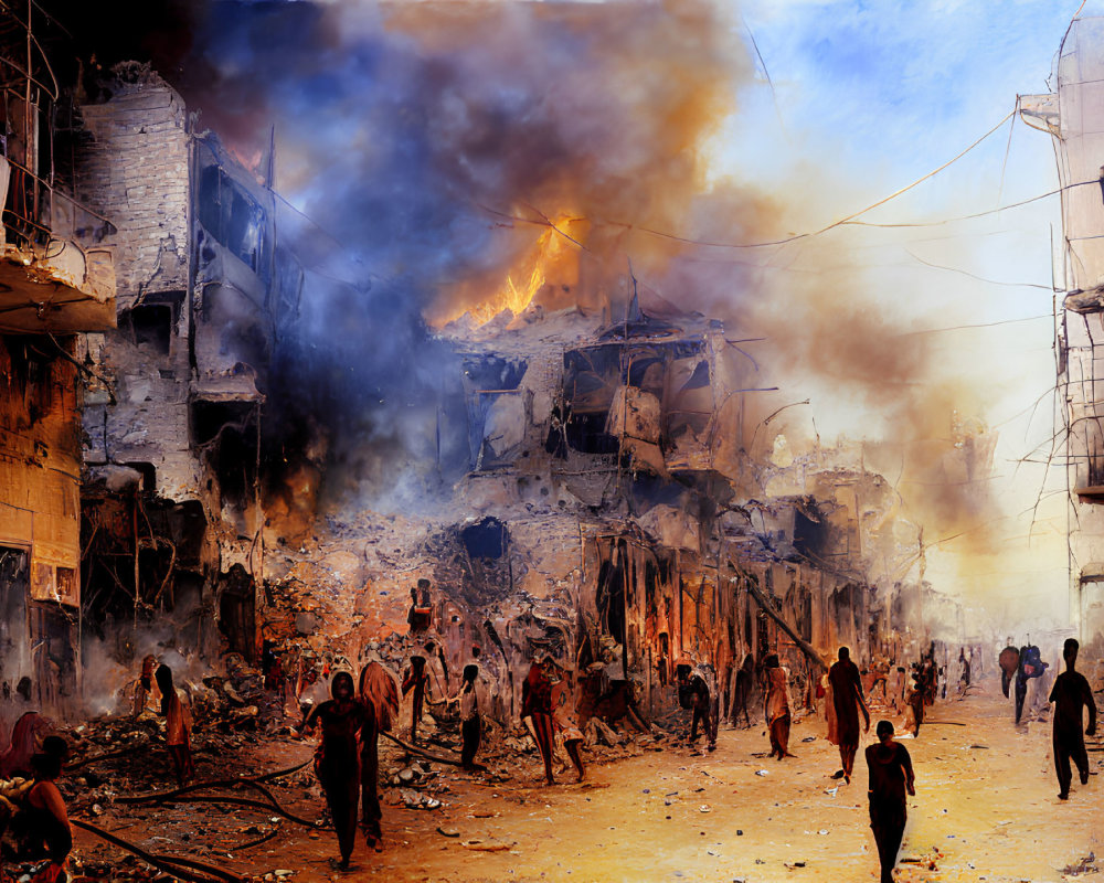 Destroyed street with burning buildings, smoke, rubble, and shocked people