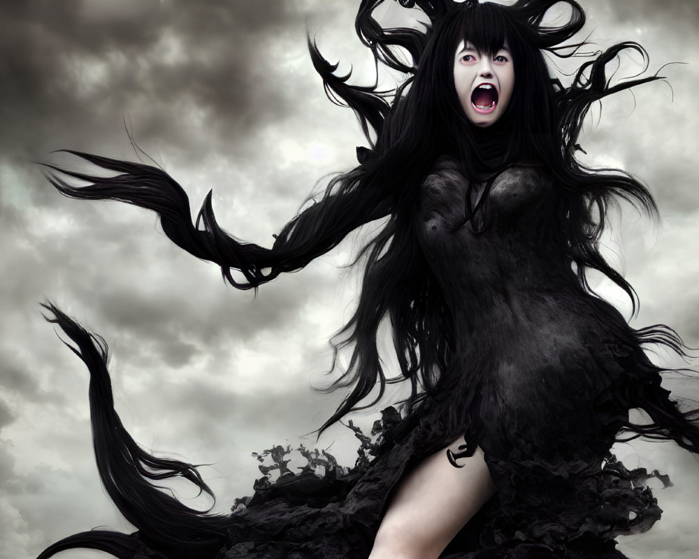 Woman with black hair and dress screams under stormy sky