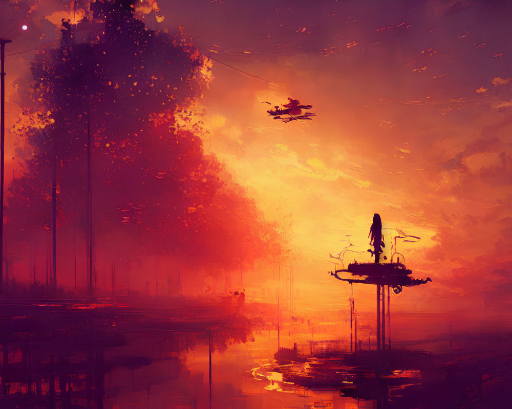 Surreal sunset with tree silhouettes, flying vehicles, and figure on platform reflected on water