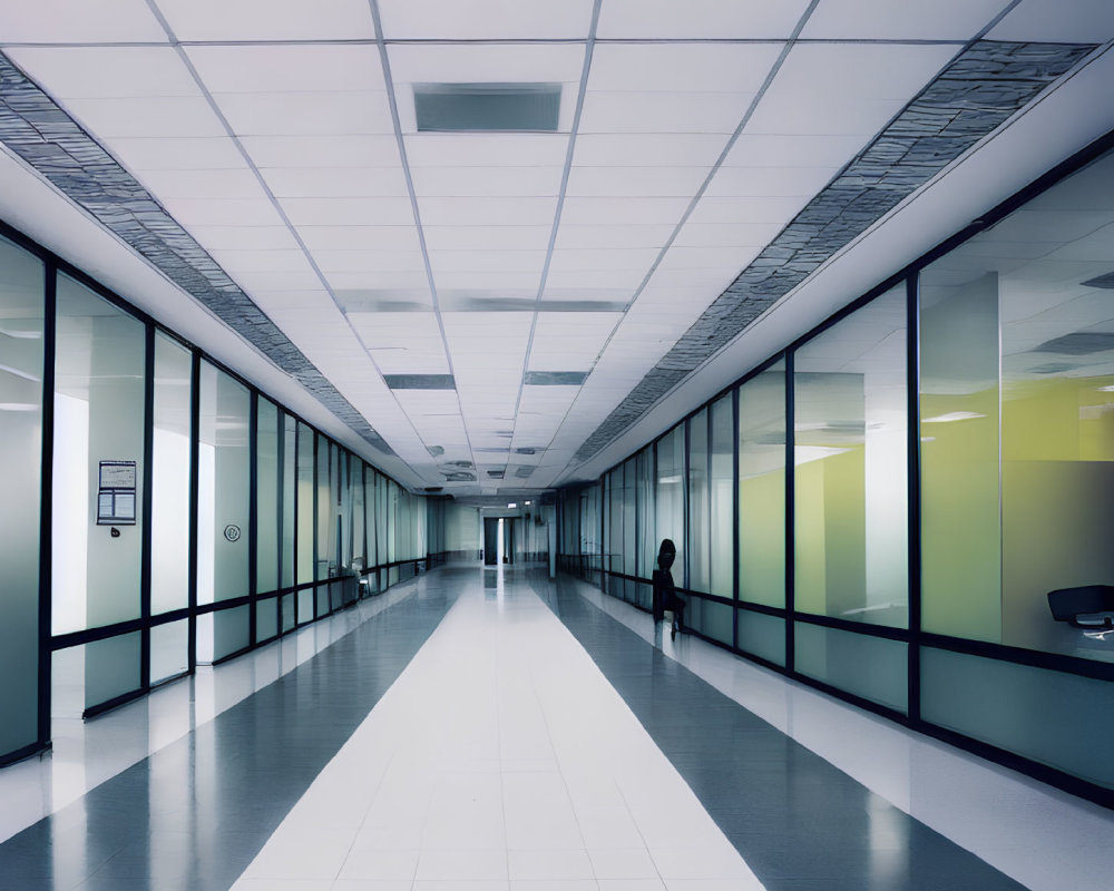 Modern corridor with glass walls and overhead lights, reflective floor.