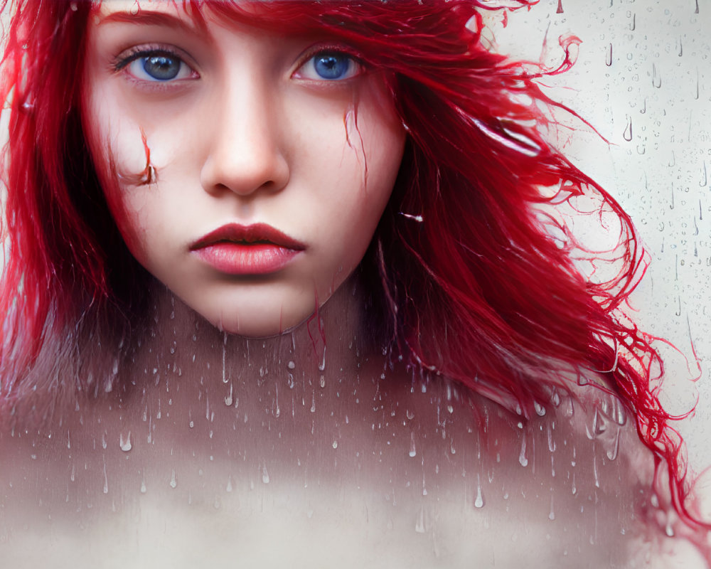 Person with Vibrant Red Hair and Striking Blue Eyes Behind Raindrop-Covered Glass