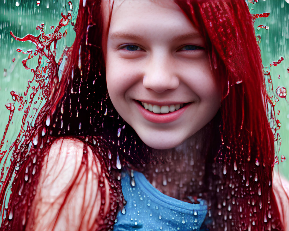 Joyful young girl with red liquid hair in simulated rain