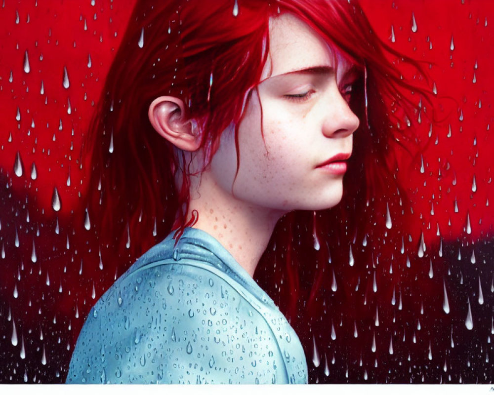 Young woman with red hair and freckles in profile against rainy window.