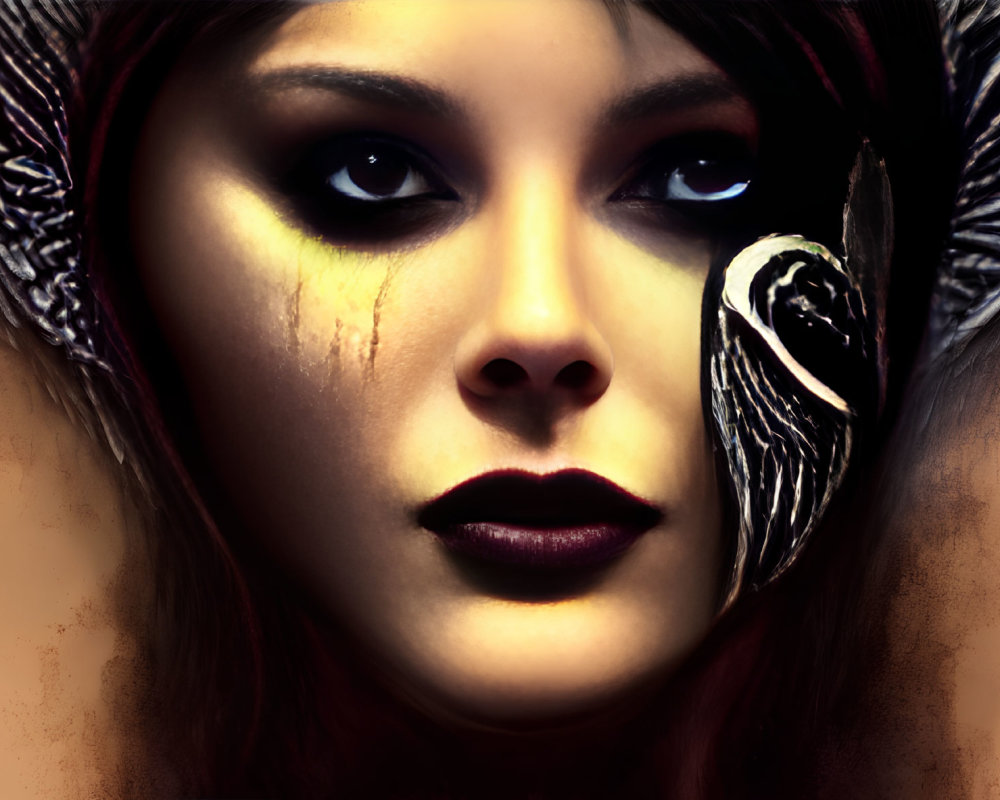 Intense woman with dark lips and feather eye makeup