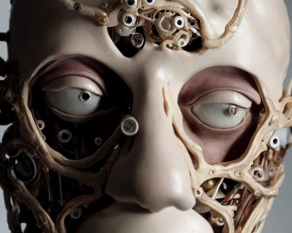 Surreal sculpture of human-like face with intricate mechanical details