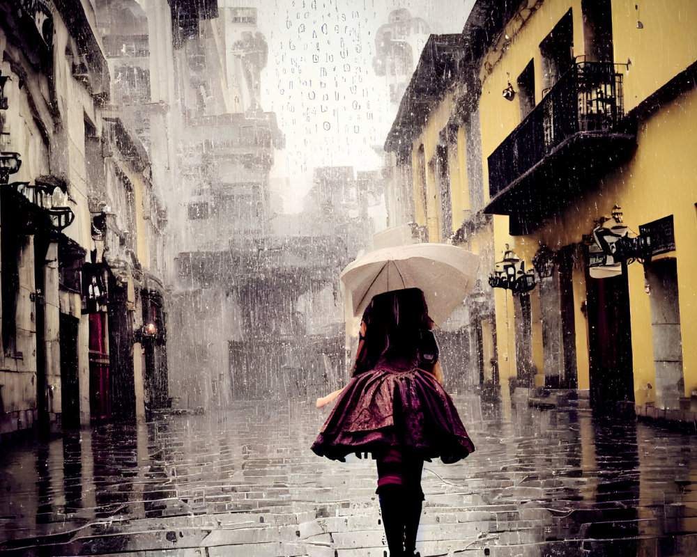 Person holding umbrella walking in rain-soaked street with old buildings