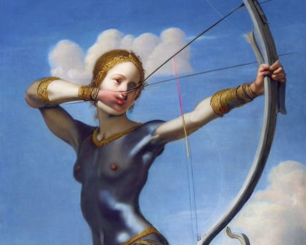 Human face merged with classical painting of female archer in blue sky.