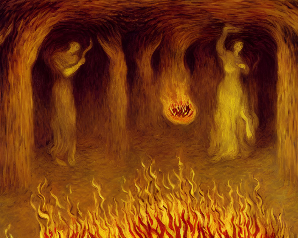 Spooky cave scene with fiery flames and shadowy figures