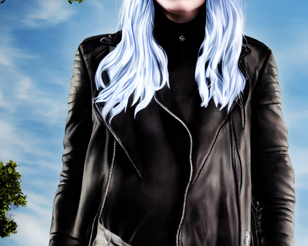 Pale-skinned person with blue hair in leather jacket against blue sky and tree branches.