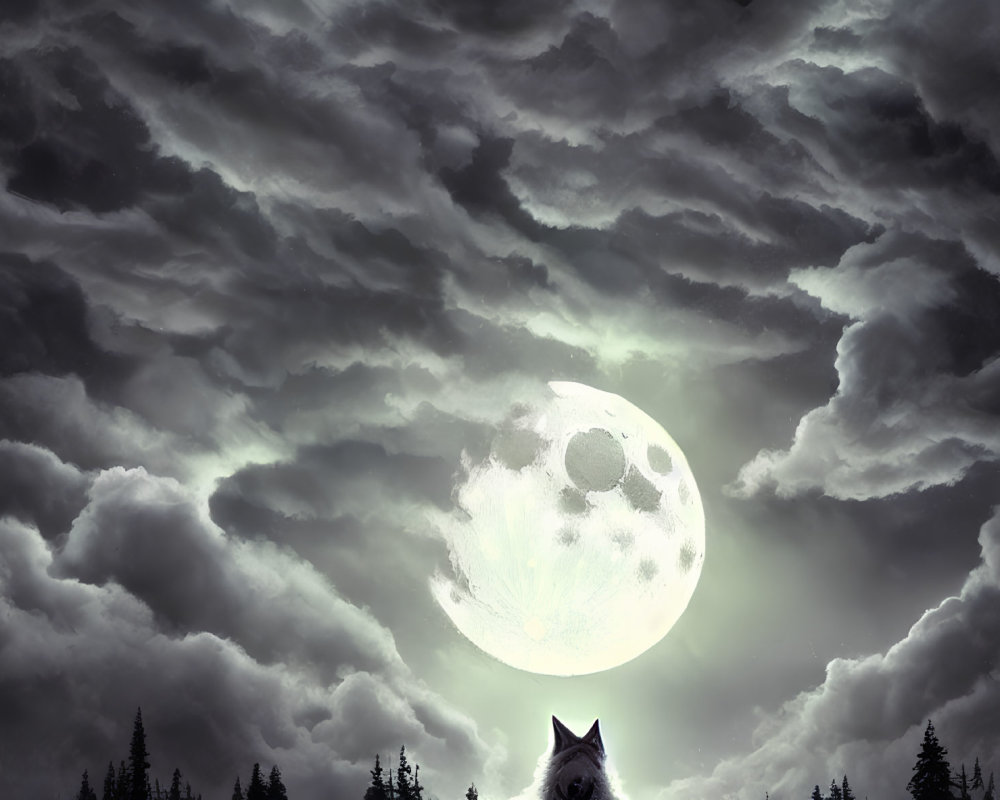 Silhouetted wolf howling at full moon in dramatic night sky