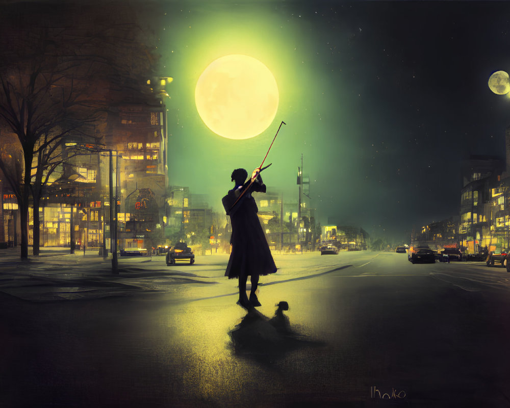 Person in Long Coat Pointing Stick at Luminous Moon in Night Cityscape