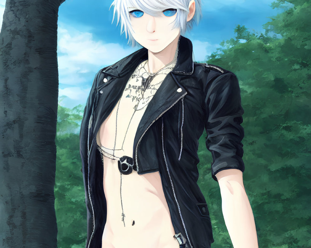 Anime character with white hair and blue eyes in black leather jacket and jeans under lush green tree