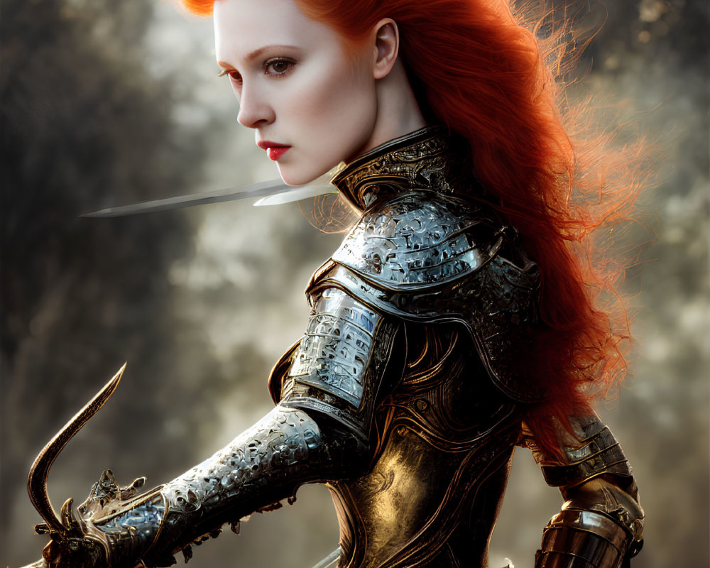 Red-haired woman in medieval armor wields sword in misty forest