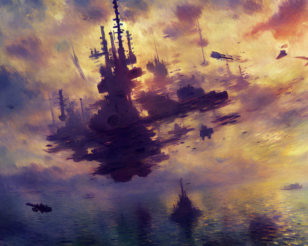 Fantastical sunset scene with floating ships and wildlife in vibrant colors