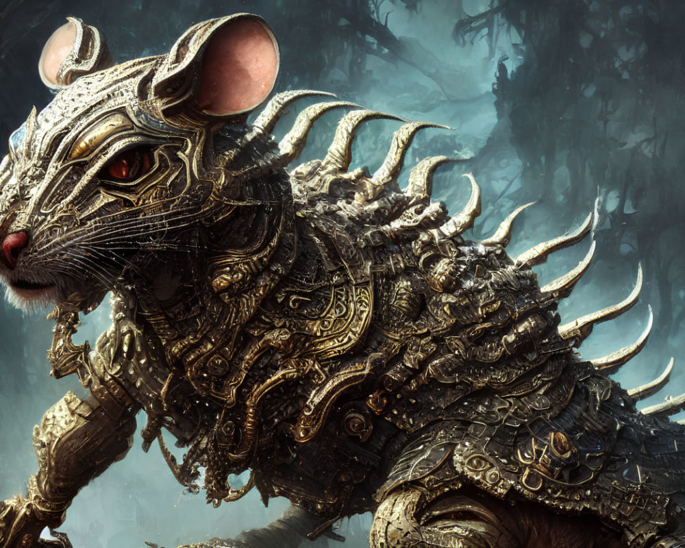 Detailed Illustration: Mythical Armored Rat Creature in Golden Armor against Dark Forest Background