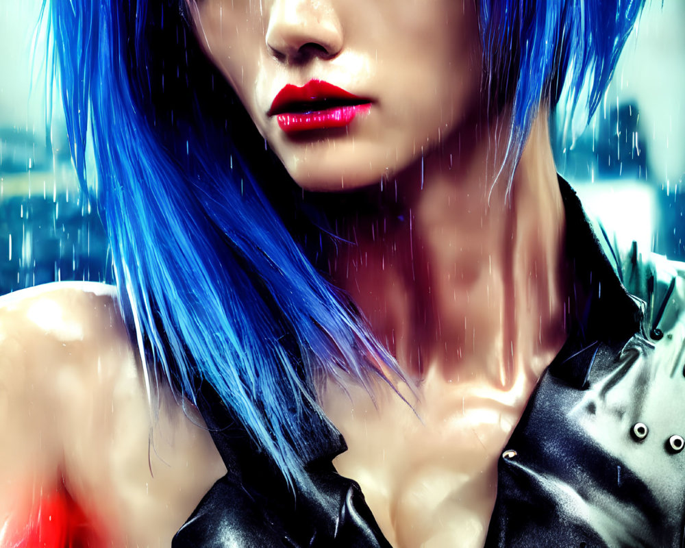 Vibrant Blue Hair and Red Lipstick in Rainy City Scene