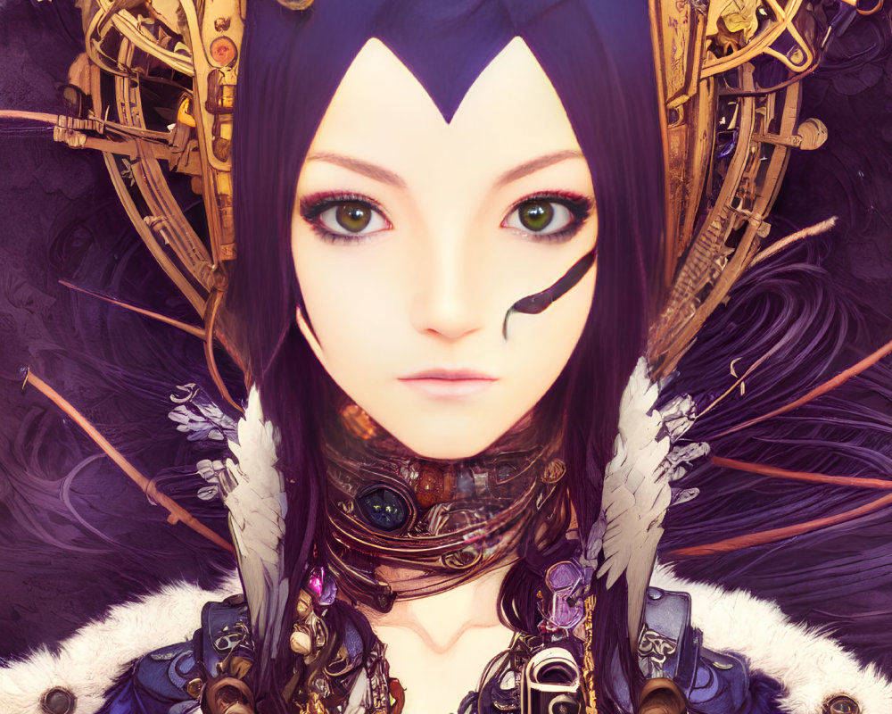 Detailed Female Character Illustration with Golden Headgear and Armor