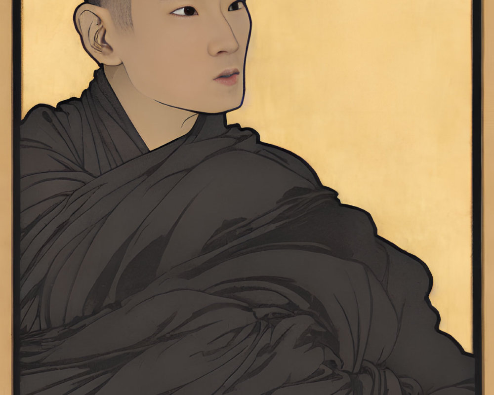 Contemplative figure in dark robes on golden background