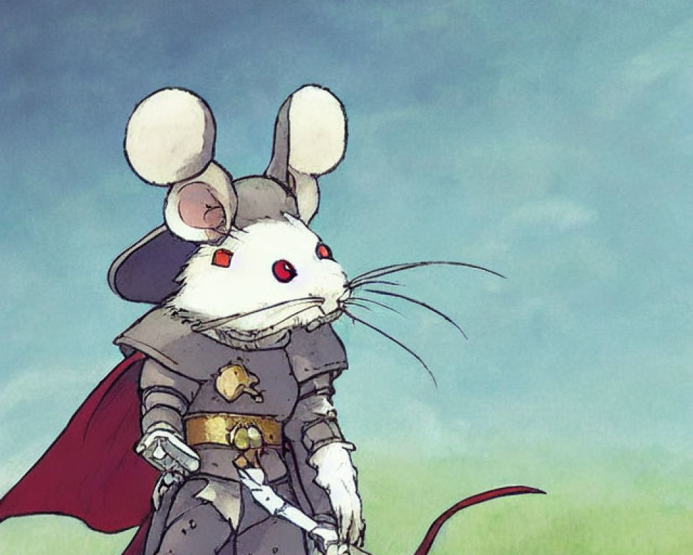 Anthropomorphic mouse in medieval knight armor on grassy field