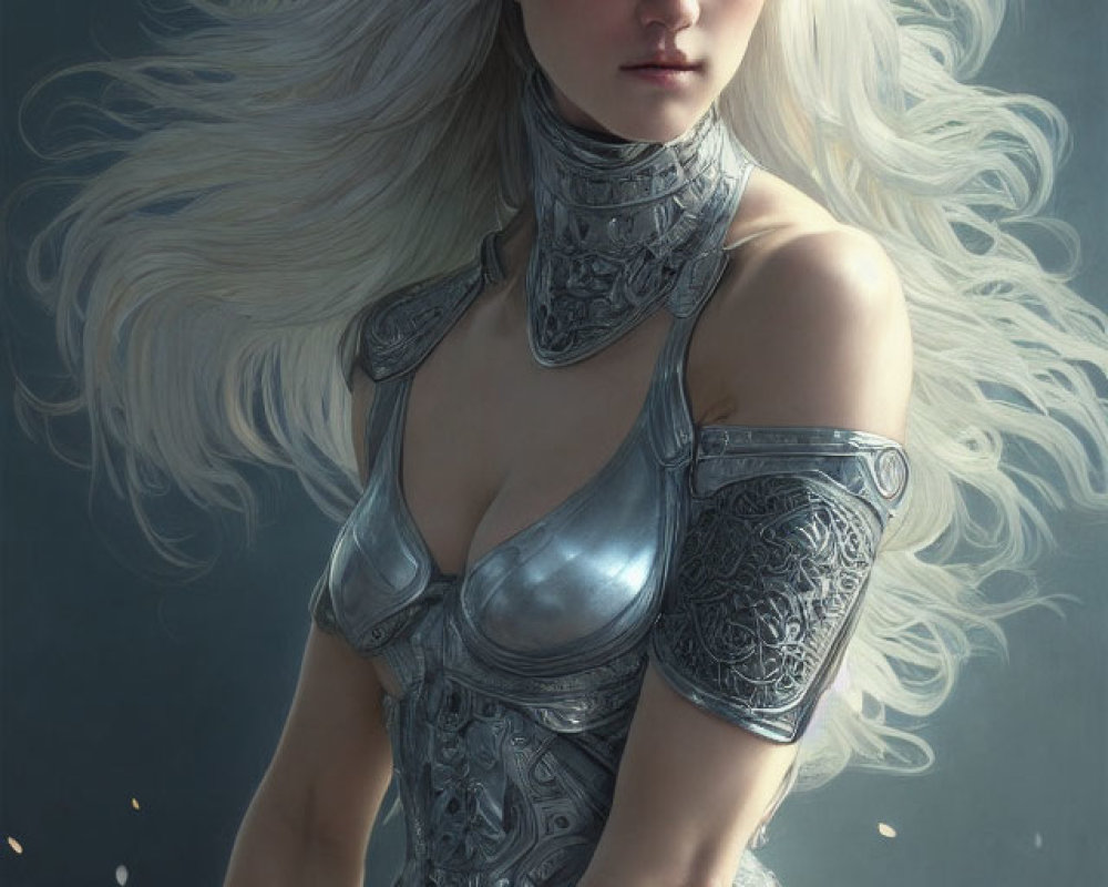 White-Haired Woman in Silver Armor with Intense Gaze