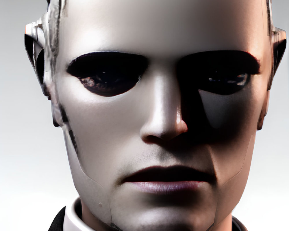 Male humanoid robot headshot with dark eye sockets and metallic face in suit