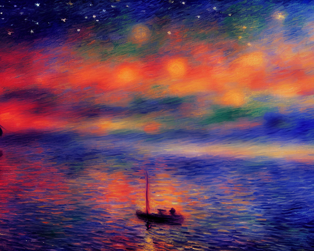 Impressionist-style sunset painting with boats on tranquil water