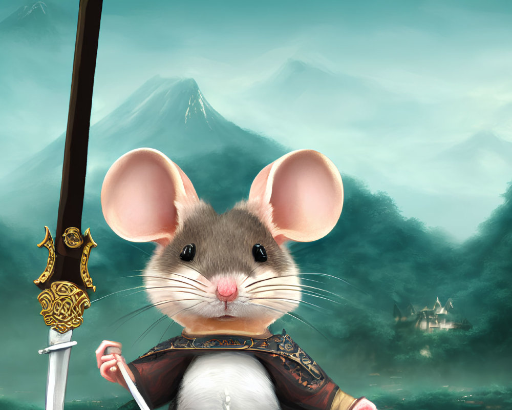 Armor-clad anthropomorphic mouse with sword in misty mountain setting