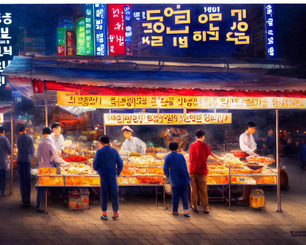 Colorful Korean Night Market Scene with Vibrant Food Stalls