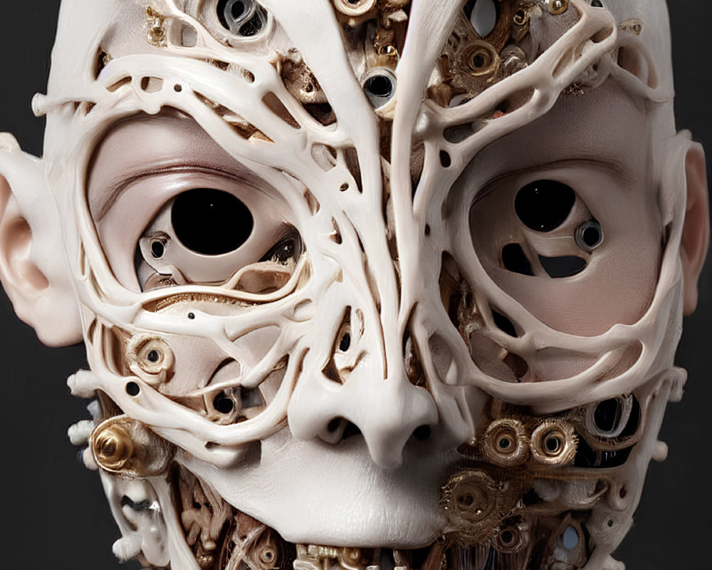 Mask with Human Features and Clockwork Design on Dark Background