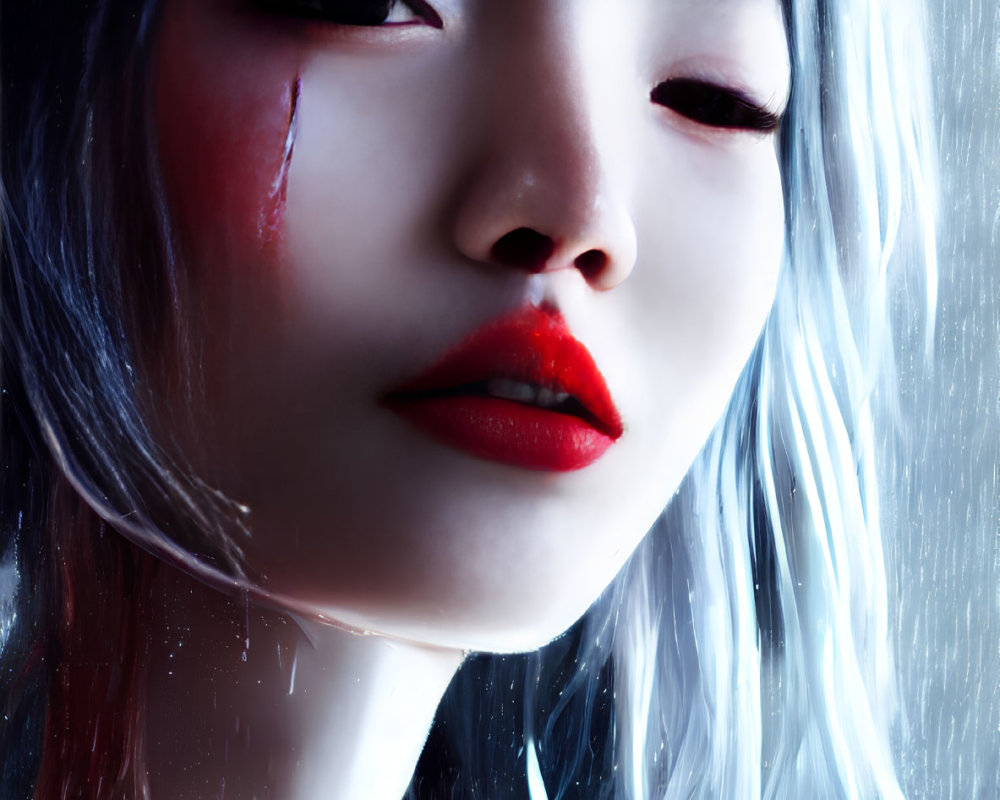 Portrait of woman with pale blue hair and red lips against blurred background