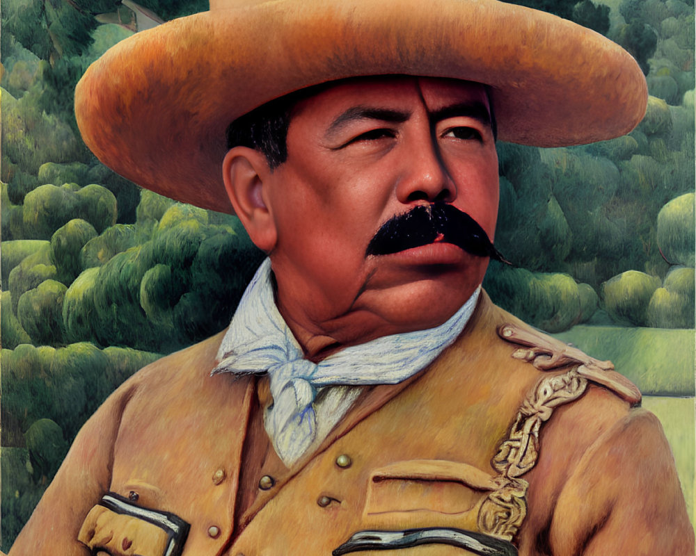 Man with Mustache in Military Attire and Large Hat Against Green Hills