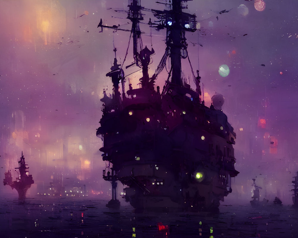 Ghostly pirate ships in misty, ethereal sea under luminescent sky