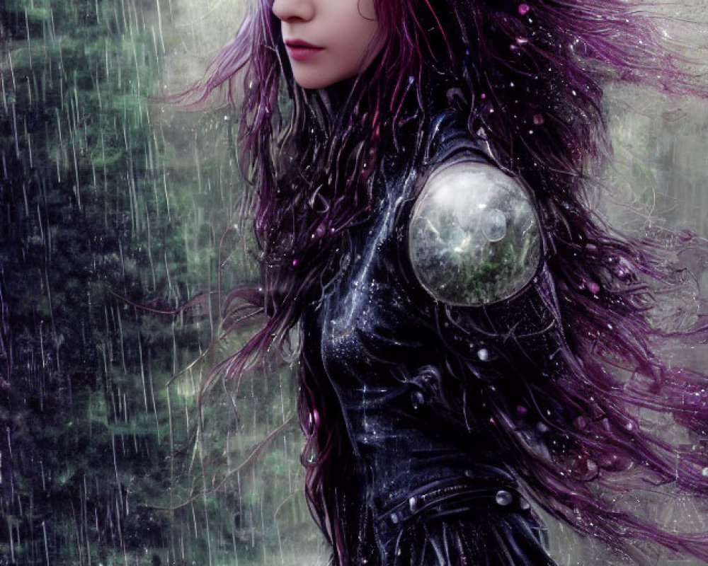 Purple-haired figure in dark attire with shield, standing in rain