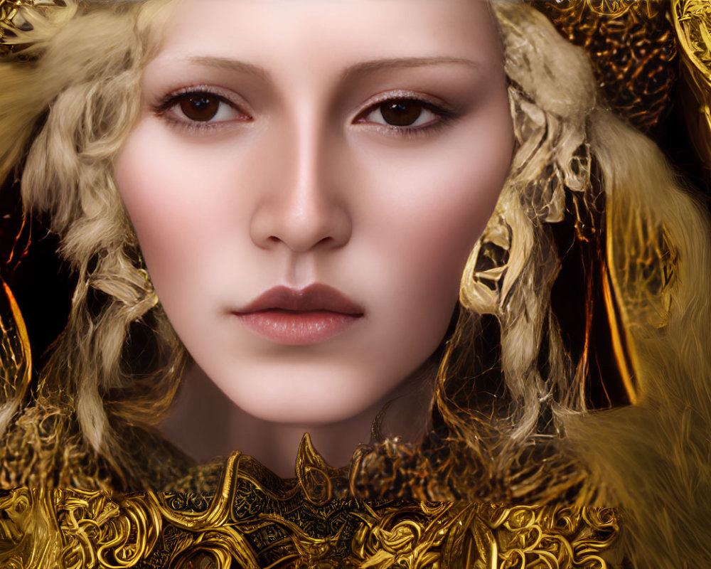 Detailed digital portrait: person in golden ornate armor with fur collar