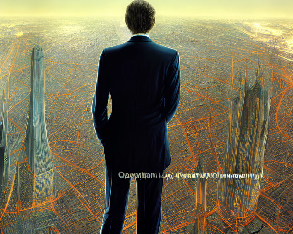 Man in suit gazes at cityscape from high balcony