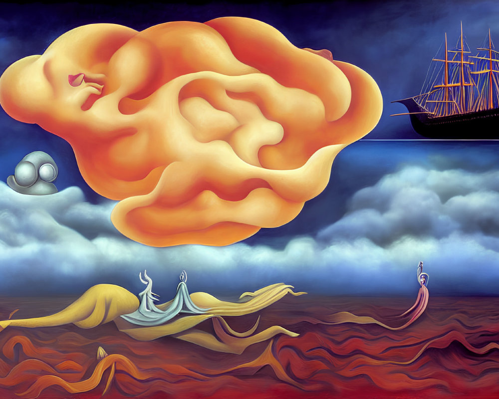 Surreal seascape with giant brain cloud, ship, and flowing figures