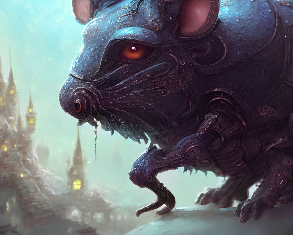 Detailed Fantasy Artwork: Mechanical Rat with Red Eyes in Misty Cityscape