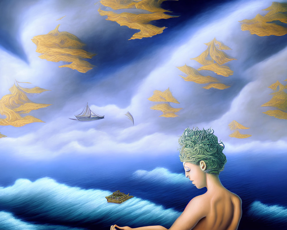 Surreal artwork: Woman with green hair, fish-shaped clouds, sailing boats