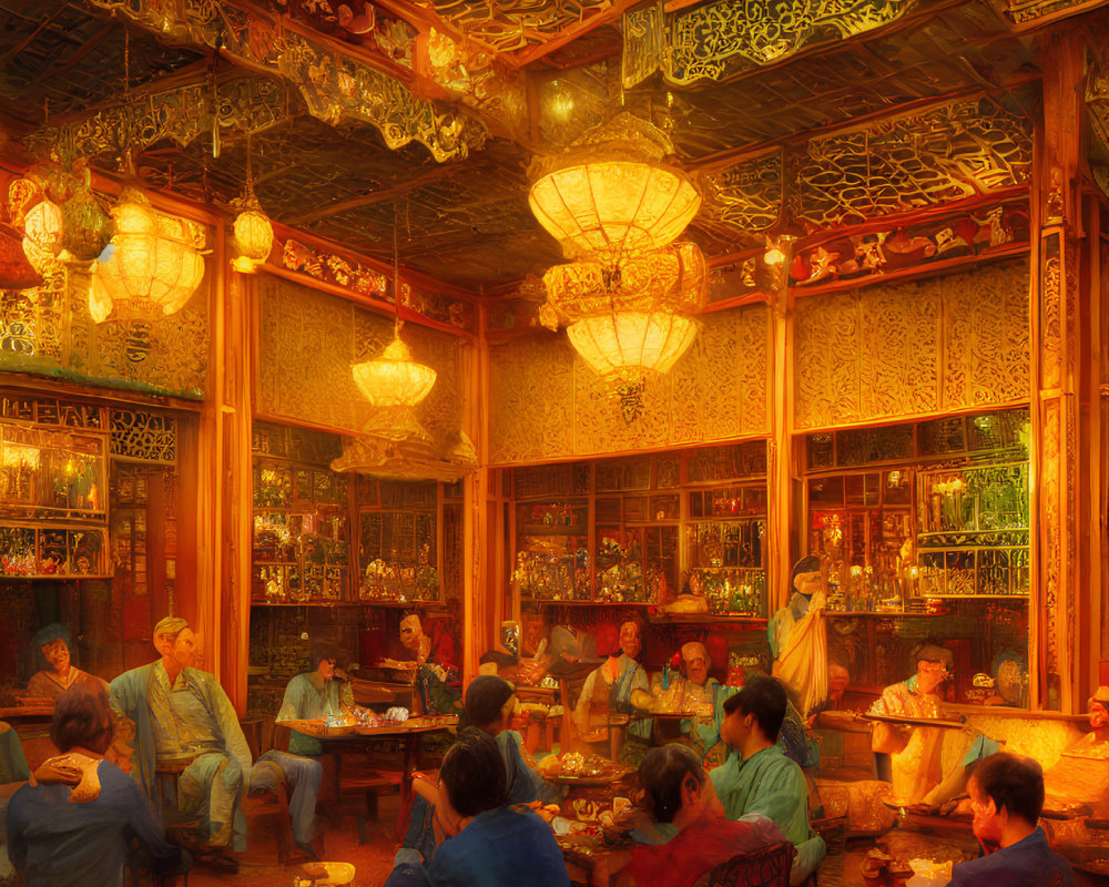 Traditional Chinese Tea House with Intricate Wooden Carvings and Warm Lighting