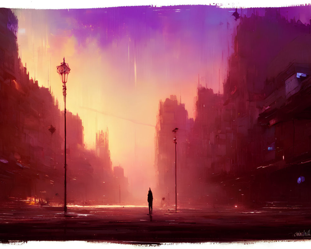 Solitary Figure Walking in Dusky Cityscape at Dusk